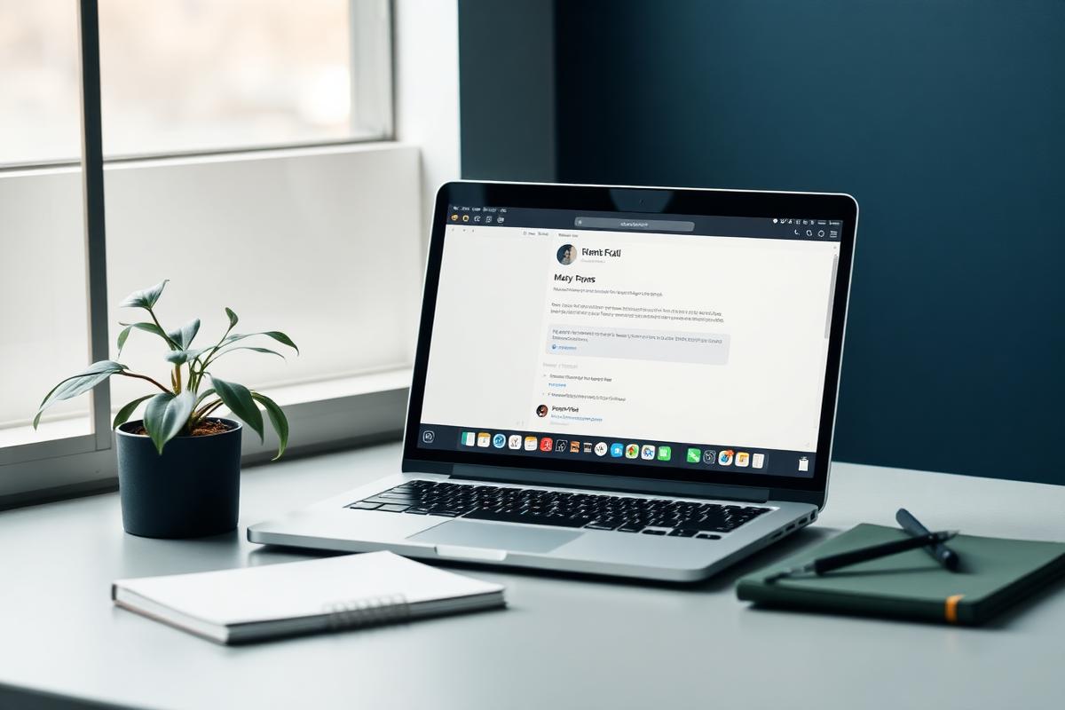 Desk with a laptop showing an email inbox next to a notebook and plant
